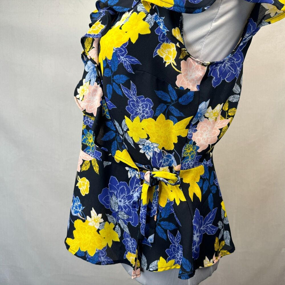 Banana Republic Wrap Blouse Sz S Black Floral Ruffle Design Cap Sleeve - Picture 8 of 13